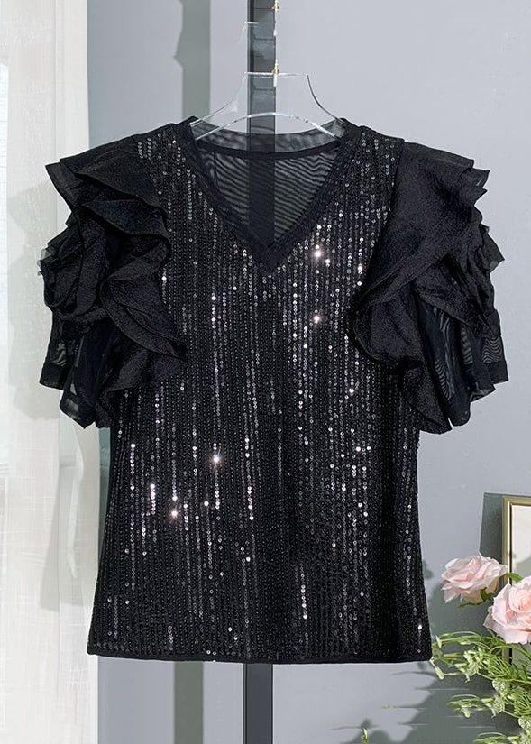 Black V Neck Sequins Patchwork Chiffon T Shirt Summer