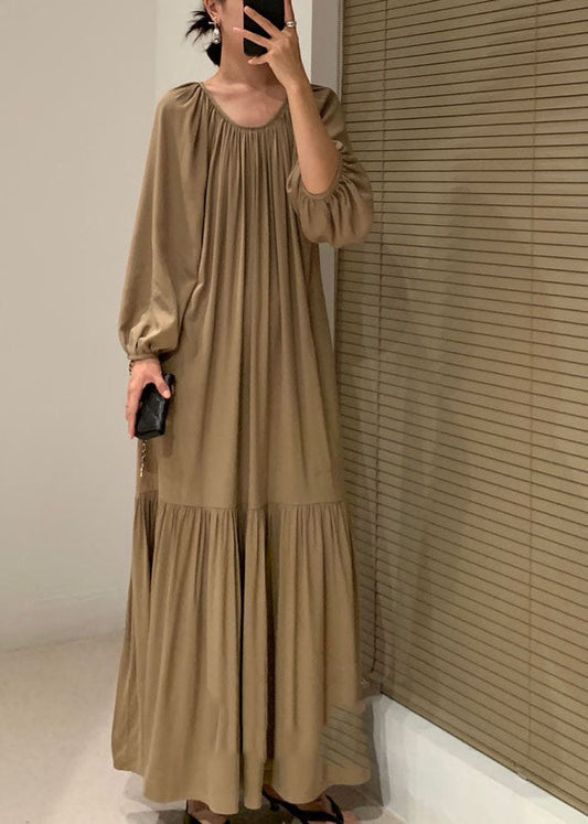 Fine Khaki Patchwork Wrinkled Cotton Dresses Spring