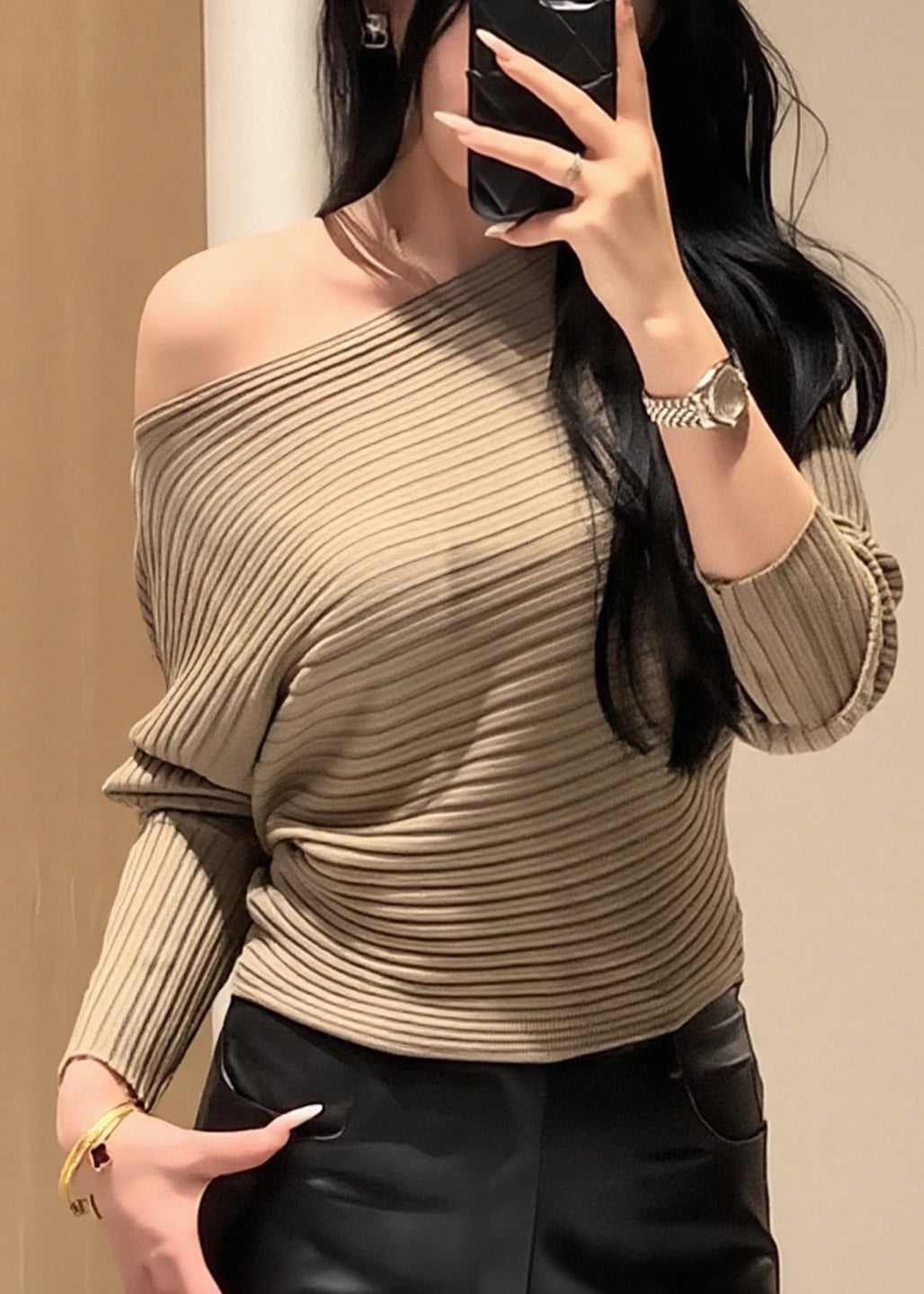 Khaki Cold Shoulder Striped Knit Short Sweater Fall