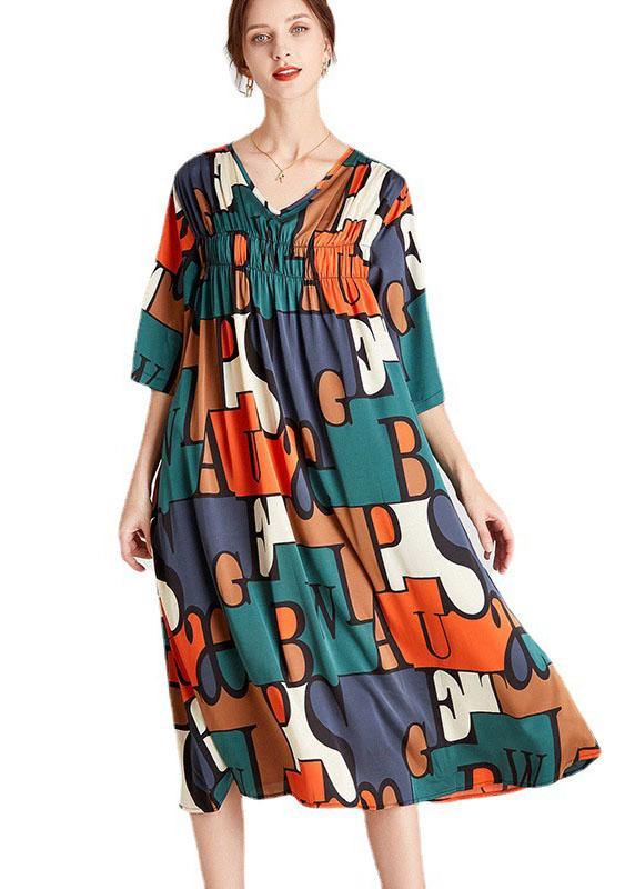 Modern Orange Green Print V Neck Summer Holiday Dress Half Sleeve