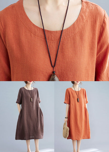 Orange O Neck Wrinkled Patchwork Cotton Dress Summer