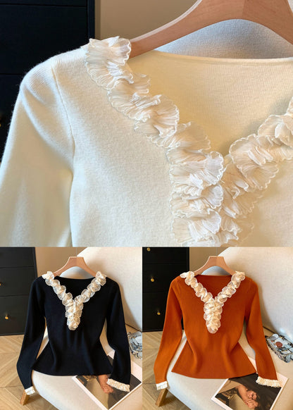 Slim Fit Apricot Ruffled Knitting Cotton T Shirt Top