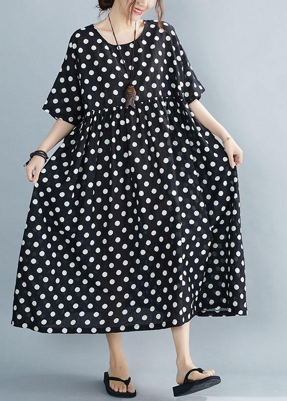 Black O-neck Dot Summer Maxi Dresses Half Sleeve