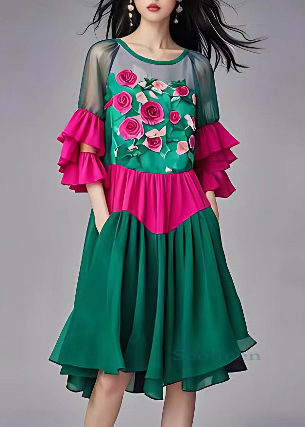 Green Print Tulle Patchwork Chiffon Mid Dress Butterfly Sleeve