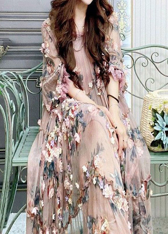 Modern Embroidered Ruffled Tulle Long Dress Lantern Sleeve Summer