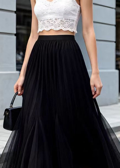 Modern Black Wrinkled Elastic Waist Tulle Skirt Summer