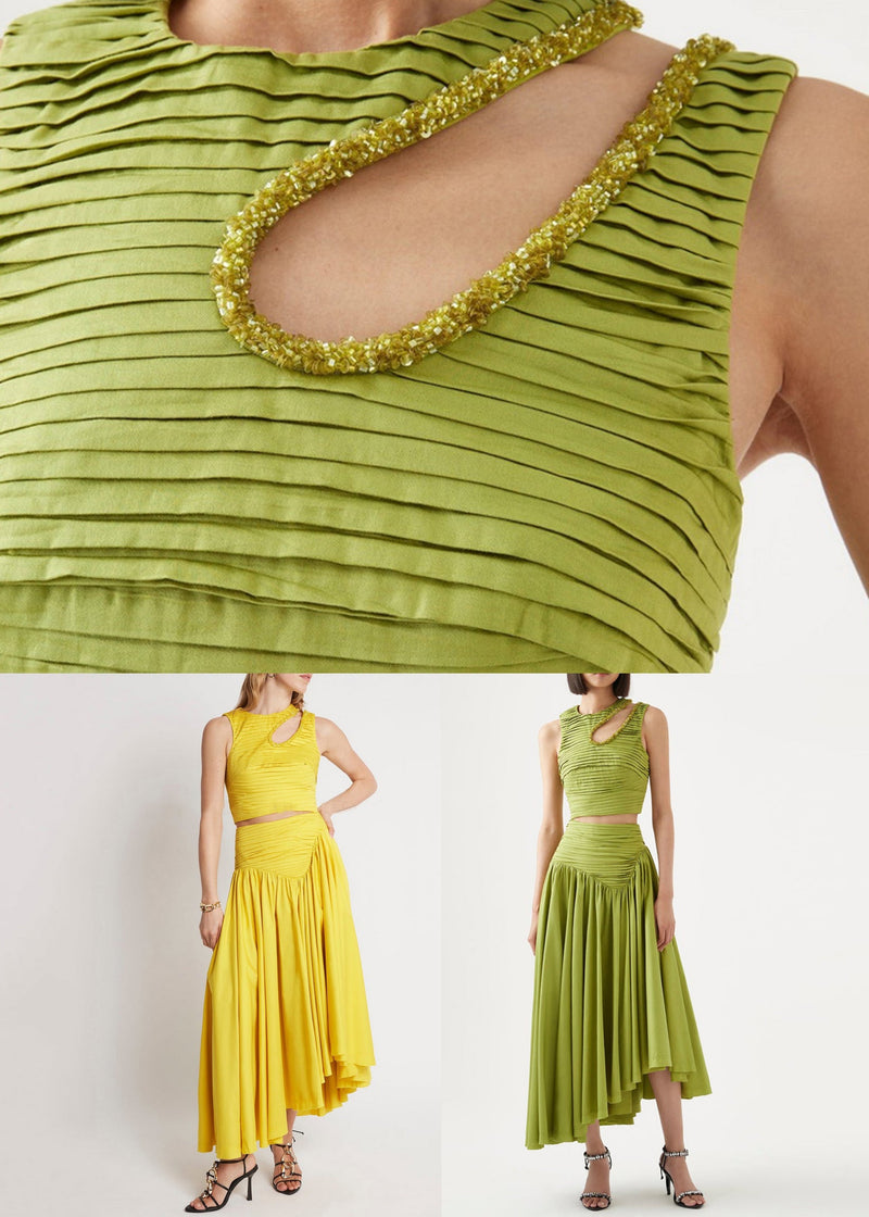Yellow Zippered Tank and Skirts Cotton Two Pieces Set Wrinkled Summer