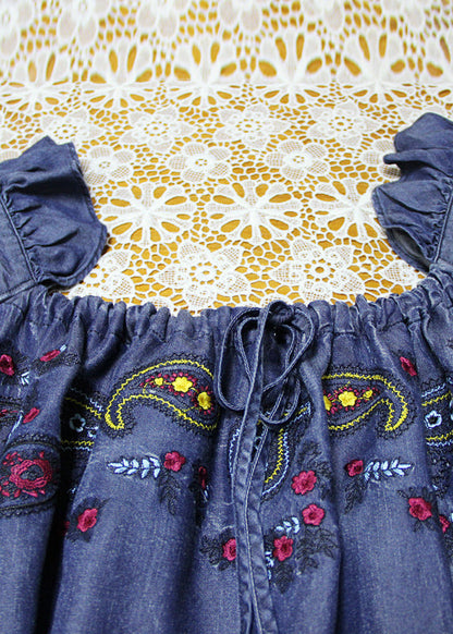 Italian Denim Blue Ruffled Embroideried Cotton a Line Dress Half Sleeve
