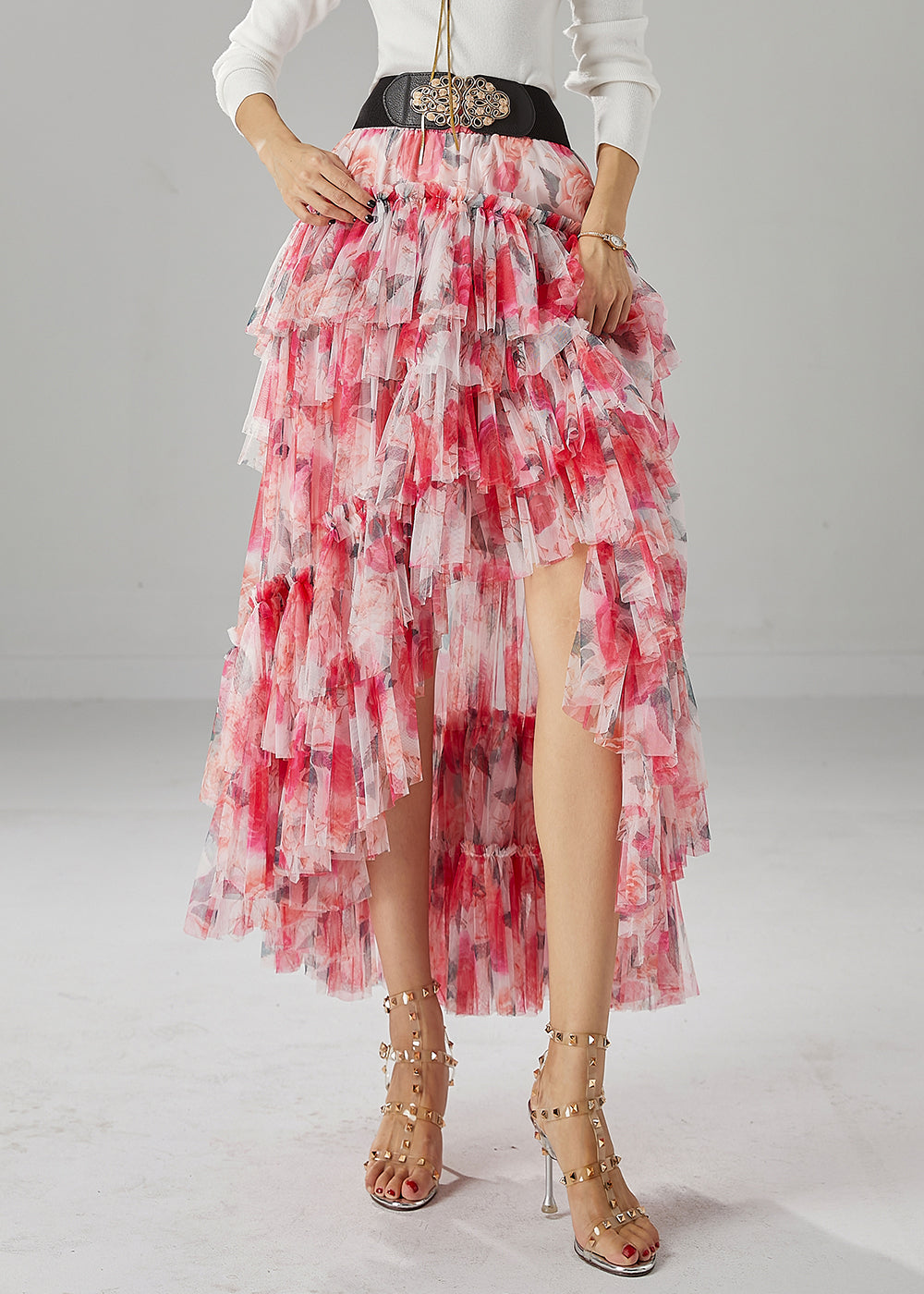 Red Print Low High Design Tulle Skirt Fall