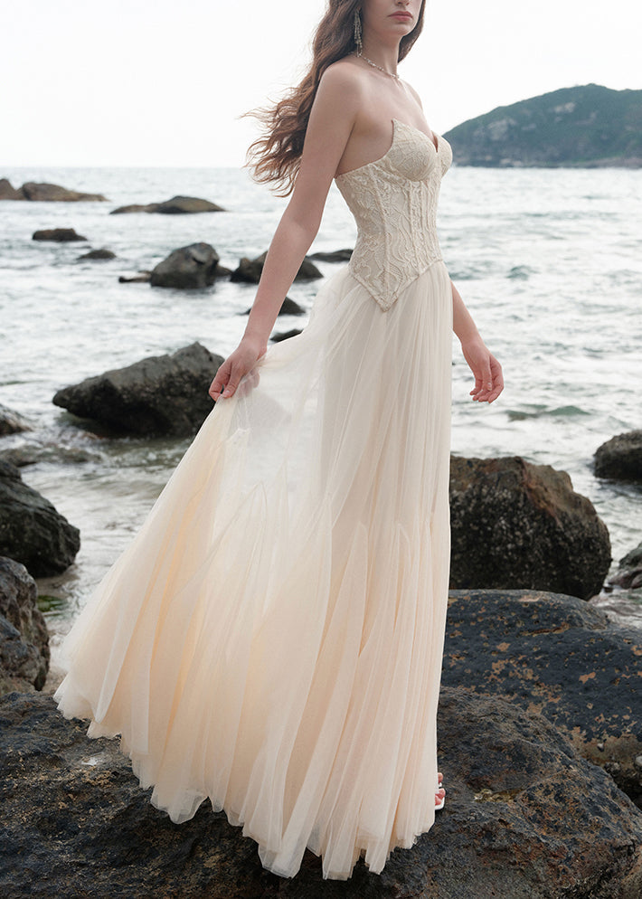 Beige Cold Shoulder Lace Patchwork Tulle Party Dress Sleeveless