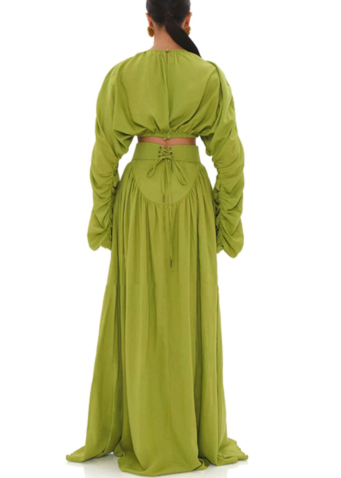French Green Wrinkled Lace Up Tops and Skirts Cotton Two Pieces Set Spring
