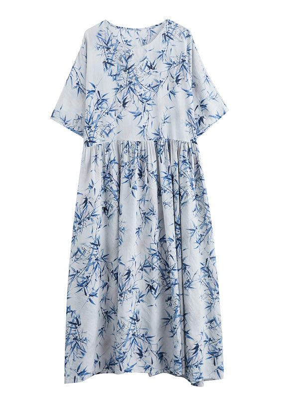 Blue Print Wrinkled Patchwork Robe Dresses Summer