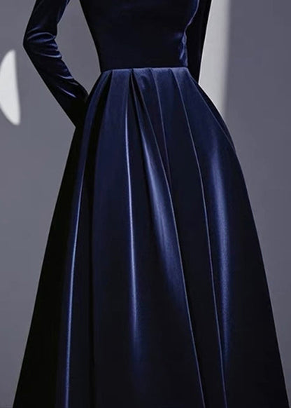 Slim Fit Navy Turtleneck High Waist Silk Velvet Dresses Fall