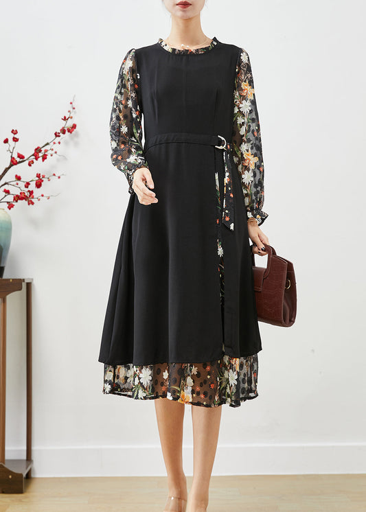 Classy Black Cinched Patchwork Silk Fake Two Piece Dress Spring
