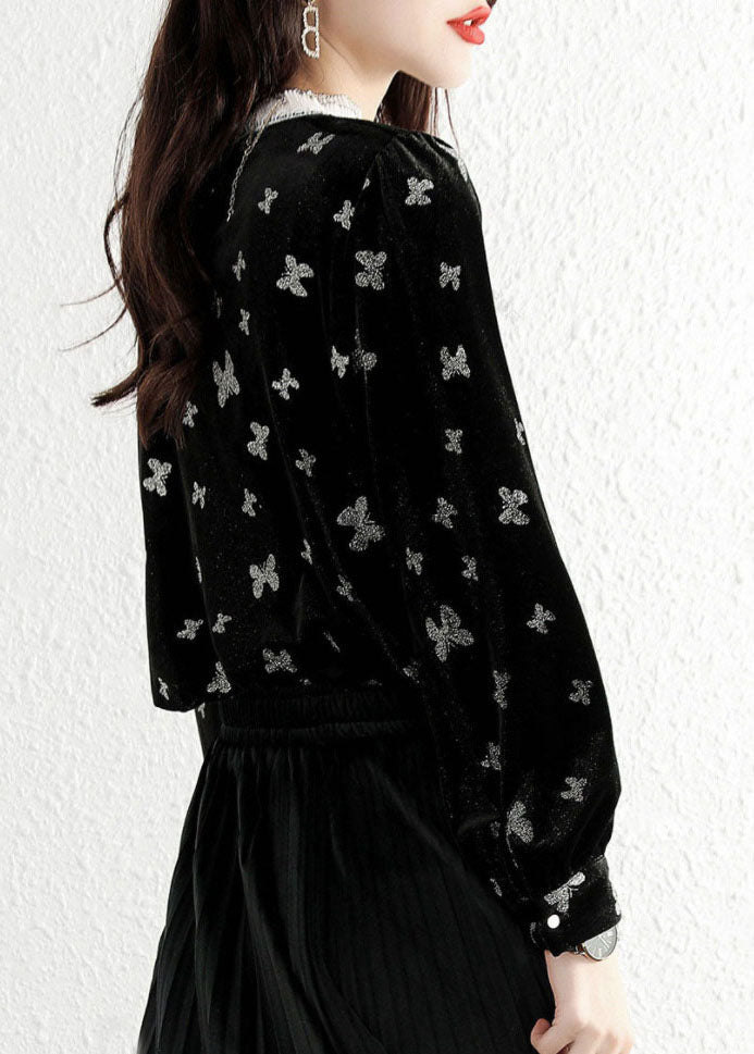 Black Ruffled Butterfly Velour Shirt Top Spring