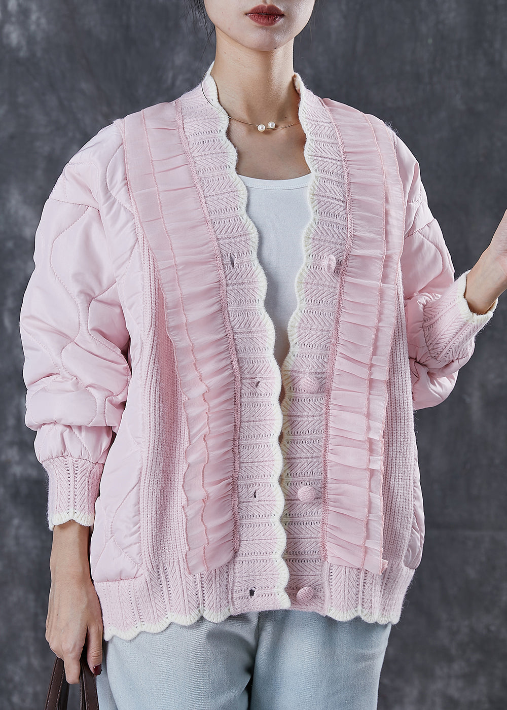 Pink Ruffled Patchwork Knit Fine Cotton Filled Coat Spring
