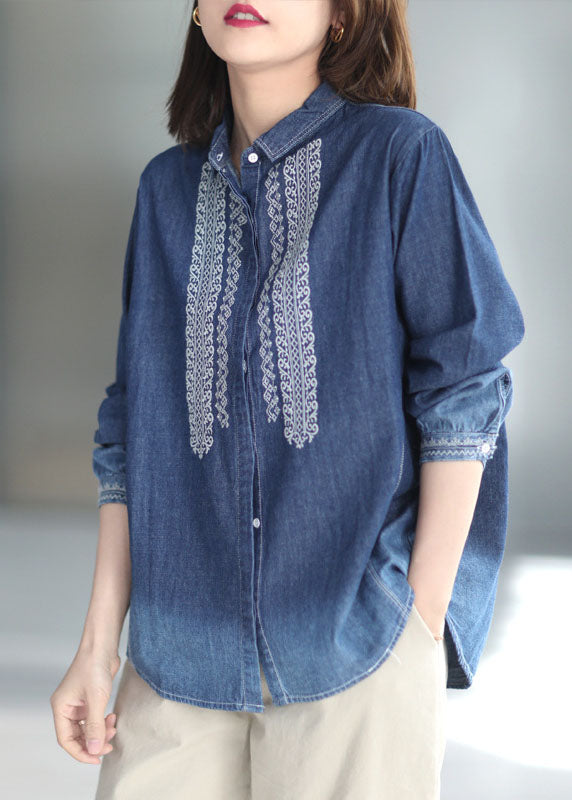 Blue Peter Pan Collar Embroideried Cotton Denim Shirt Top Long Sleeve