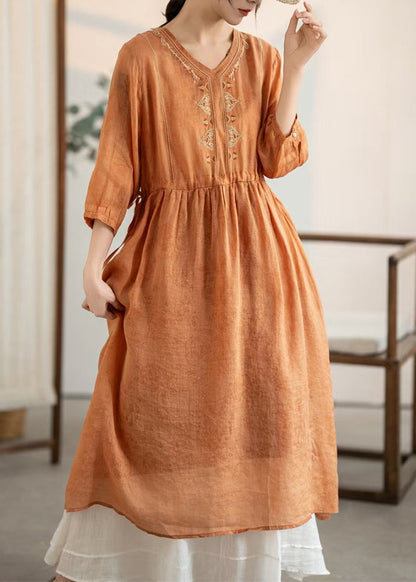 Orange Embroidered Patchwork Linen Dresses Summer