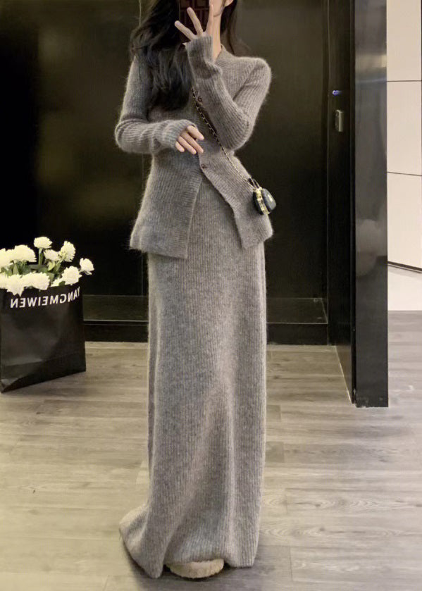 Slim Fit Grey V Neck Patchwork Knit Two Piece Set Clothing Fall