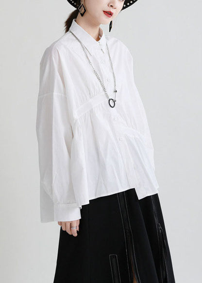 Modern White Peterpan Collar Button Patchwork Asymmetrical Design Fall Top Long Sleeve