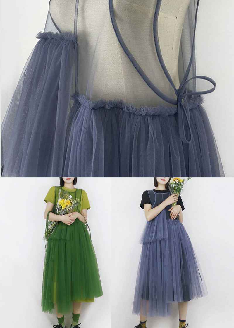 Blue Asymmetrical Design Tulle Robe Dresses Long Smock Summer