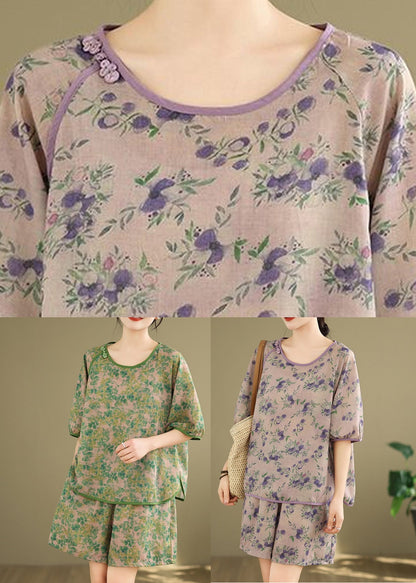 Green Side Open T Shirt and Shorts Two Pieces Set Short Sleeve