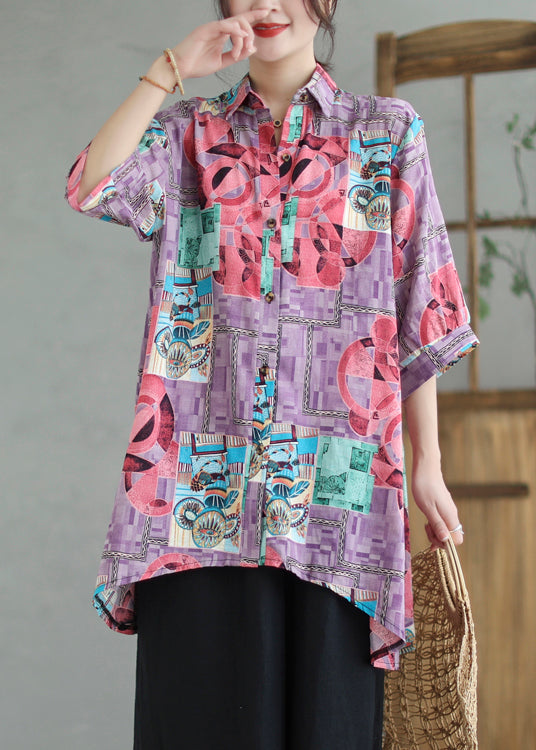 Purple Print Low High Design Linen Long Shirts Summer