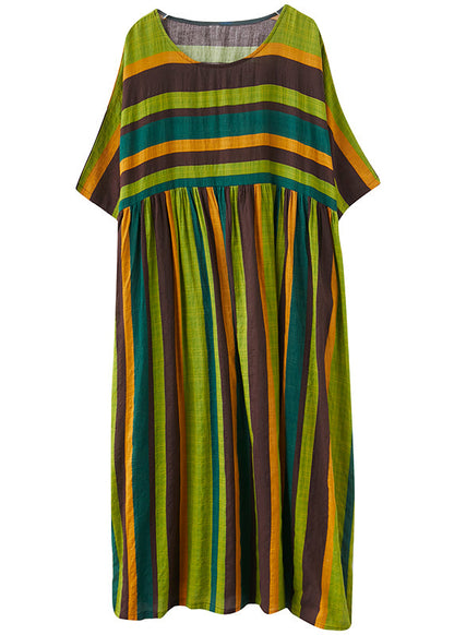 Green Striped O-neck Wrinkled Pockets Beach Dress Short Sleeve