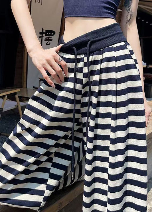 Navy Striped Elastic Waist Cotton Wide Leg Pants Fall