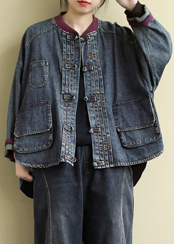 Blue O-neck Patchwork Low High Design Cotton Denim Coats Spring