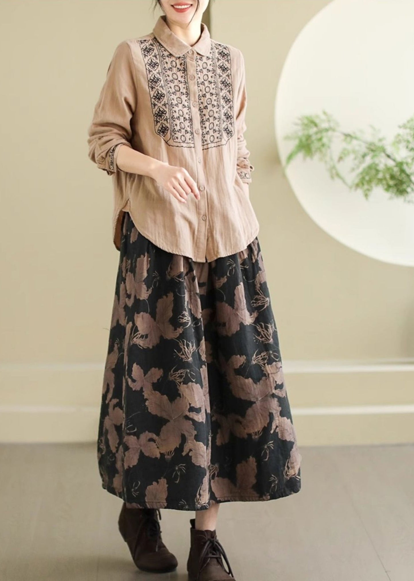 Black Print Cotton a Line Skirts Elastic Waist Spring