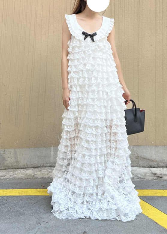 White O-neck Bow Lace Layered Long Dress Spring
