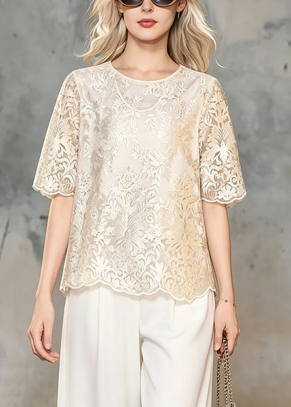 Classy Champagne O-neck Lace T Shirt Summer