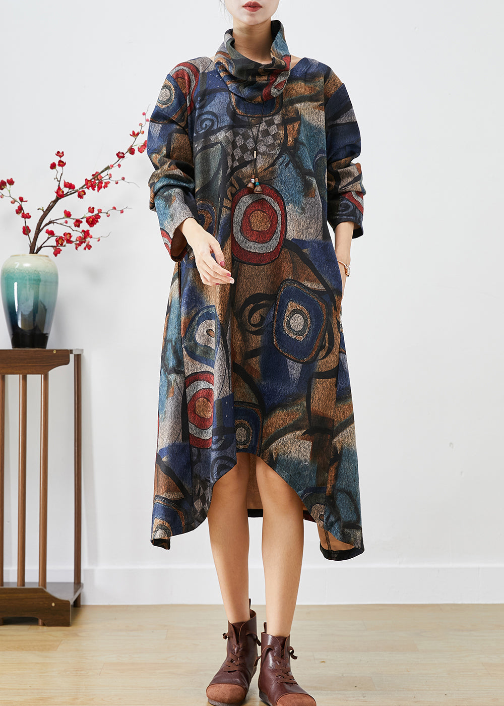 Navy Oversized Print Woolen Dress Two Piece Set Fall
