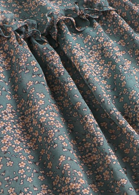 Boutique Green O-neck Ruffled Print Chiffon Dresses Half Sleeve