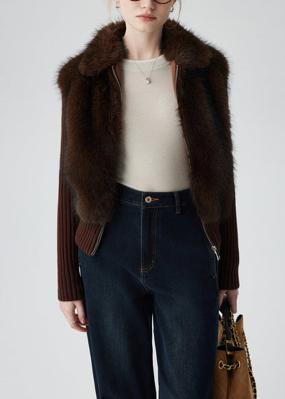 Chocolate Patchwork Faux Fur Knit Coats Fake Two Piece Winter
