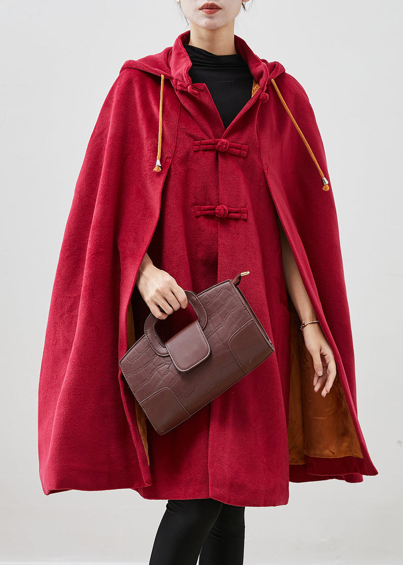 Red Hooded Chinese Button Warm Fleece Coats Cloak Sleeves