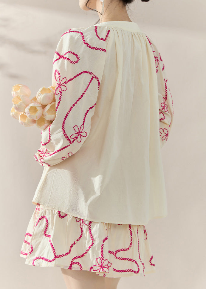 Natural Apricot O-neck Embroidered Top and Skirts Two-piece Set Fall
