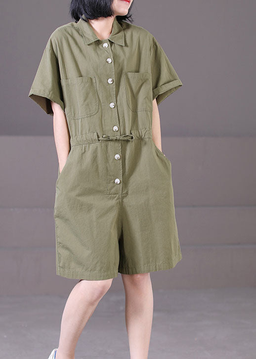 Army Green Peter Pan Collar Drawstring Pockets Color Cotton Overalls Jumpsuit Summer