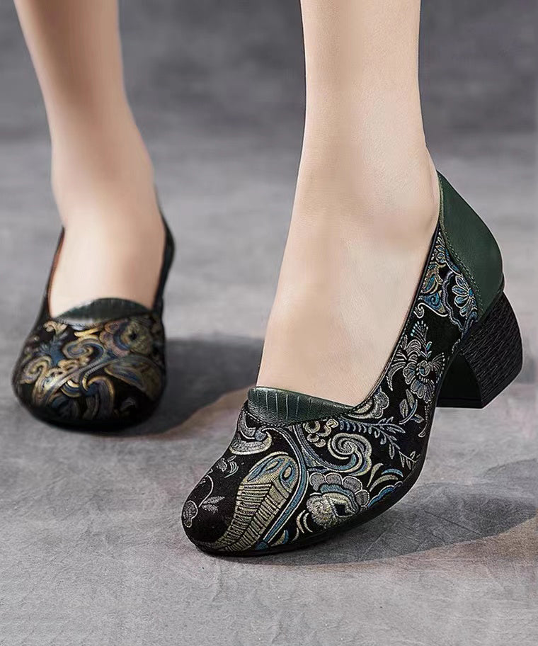 New Retro Green Embossed Chunky Heels