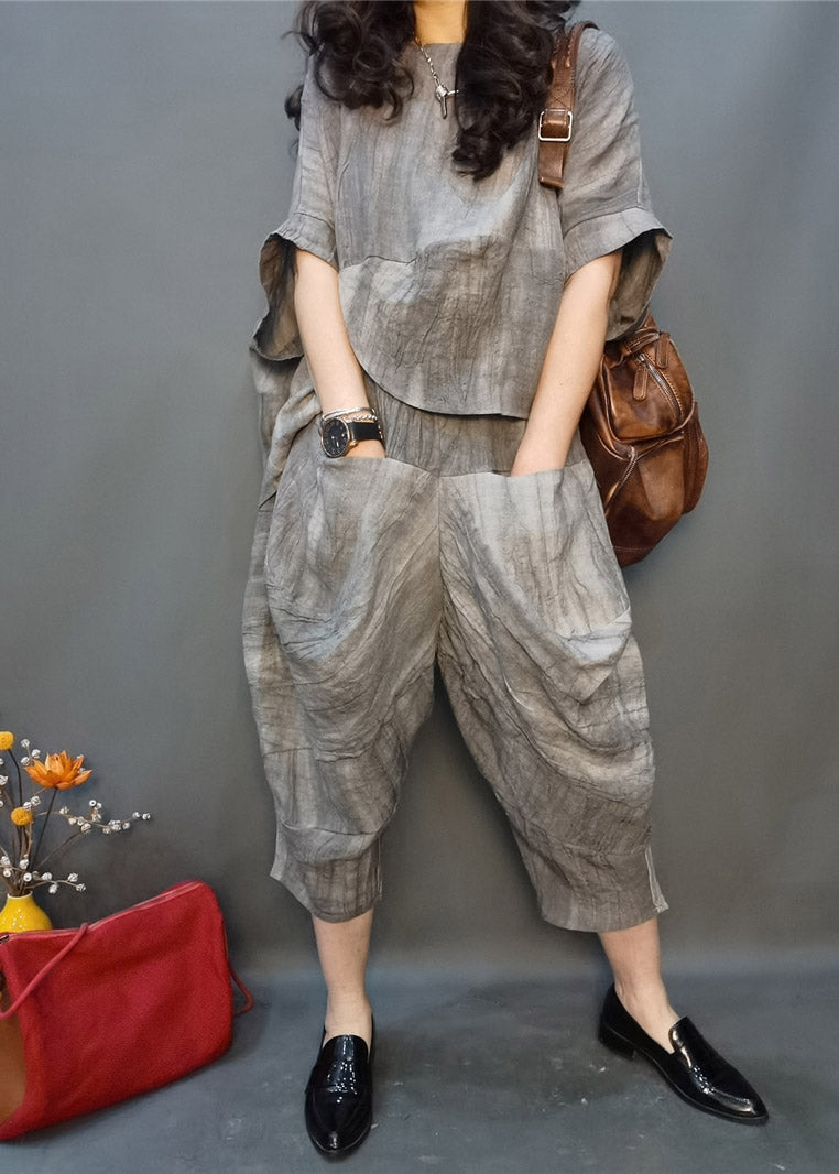 Vogue Grey O-neck Wrinkled Linen Top and Harm Pants Two Pieces Set Batwing Sleeve