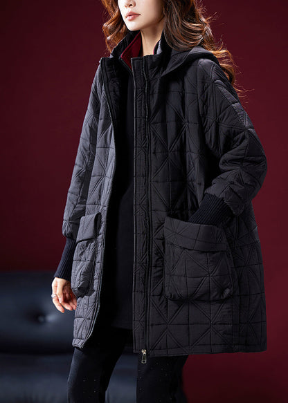 Black Pockets Fine Cotton Filled Parka Coats Hooded Winter