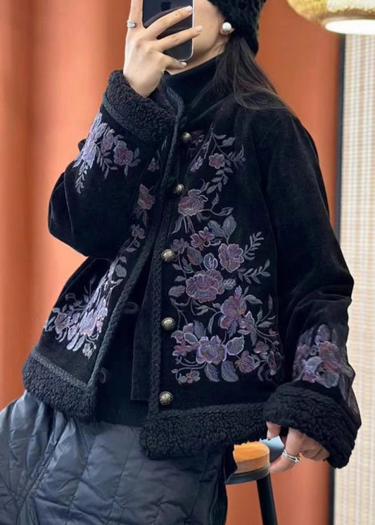 Black Embroideried Button Cotton Filled Coats Long Sleeve