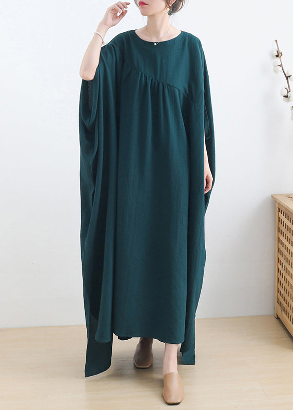 Green O-neck Asymmetrical Cotton Long Dress Short Sleeve