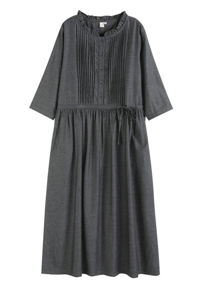 Grey Wrinkled Drawstring Ruffled Linen Dresses Bracelet Sleeve