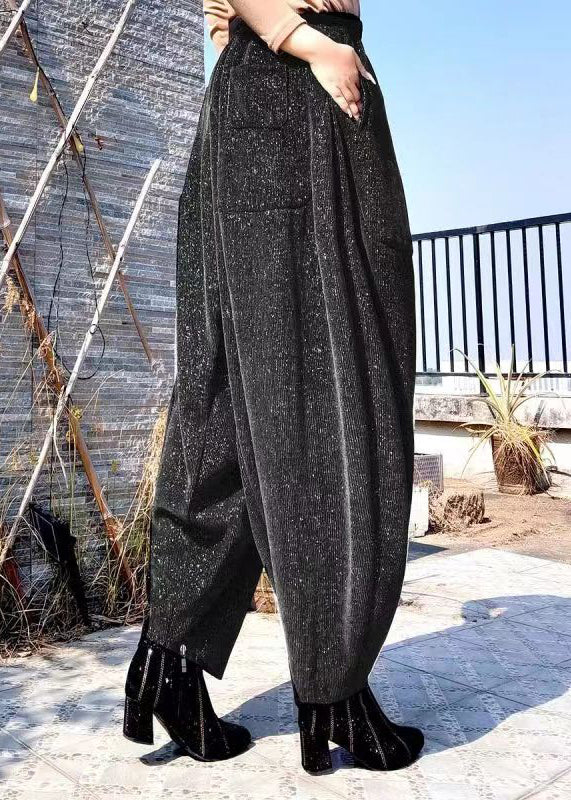 Black Pockets High Waist Cotton Lantern Pants Spring