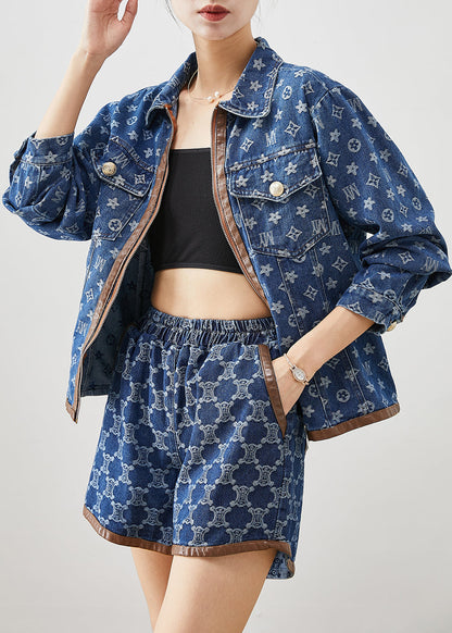 Navy Oversized Print Denim Two Piece Suit Set Fall