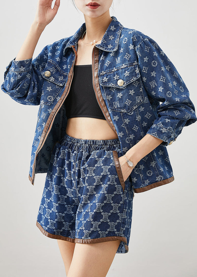 Navy Oversized Print Denim Two Piece Suit Set Fall