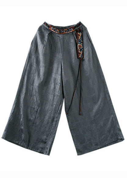 Novelty Grey Embroideried Patchwork Pockets Tassel High Waist Silk Wide Leg Pants Fall