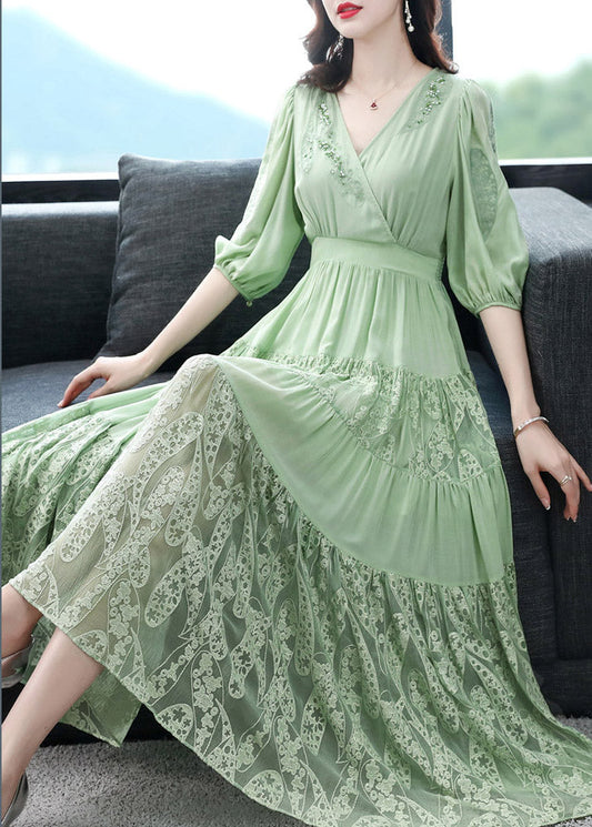 Simple Green V Neck Embroideried Elastic Waist Silk Long Dress Short Sleeve Summer